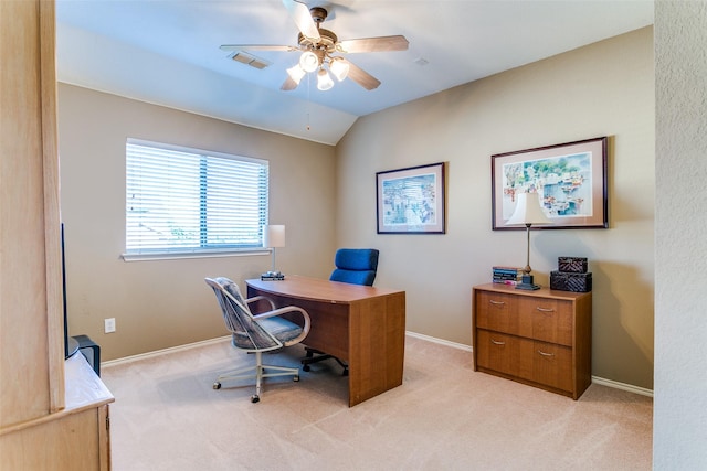 3801 Emerald Park Dr, Corinth, TX 76208 - office with light carpet, a ceiling fan, vaulted ceiling, and baseboards