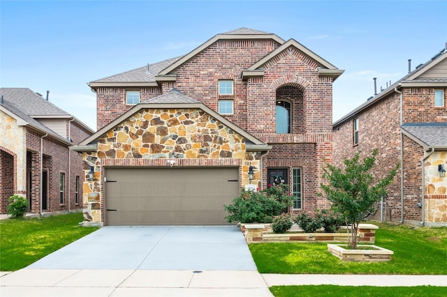 10313 Dimmit Pl, Mckinney, TX 75071 - view of front of property featuring brick siding, an attached garage, concrete driveway, a front lawn, and stone siding