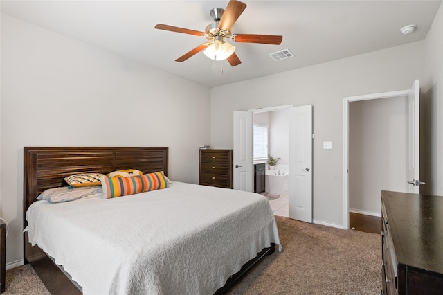 10313 Dimmit Pl, Mckinney, TX 75071 - bedroom with carpet, baseboards, connected bathroom, and ceiling fan