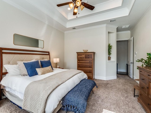 1221 Morris Dr, Keller, TX 76248 - carpeted bedroom featuring a tray ceiling, crown molding, baseboards, and a ceiling fan