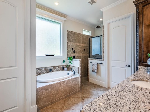 1221 Morris Dr, Keller, TX 76248 - full bath featuring a walk in shower, a bath, tile patterned flooring, ornamental molding, and vanity