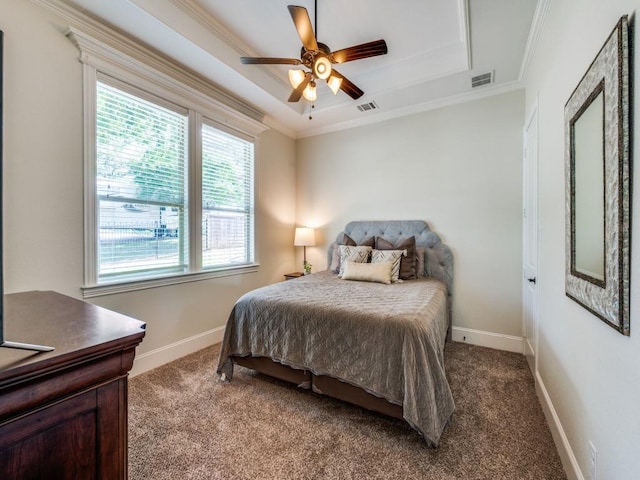 1221 Morris Dr, Keller, TX 76248 - bedroom featuring carpet, crown molding, a tray ceiling, baseboards, and a ceiling fan