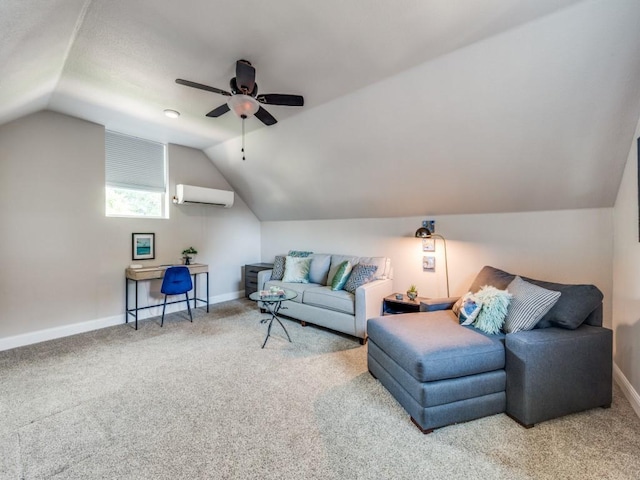 1221 Morris Dr, Keller, TX 76248 - carpeted living area with a wall unit AC, vaulted ceiling, a ceiling fan, baseboards, and a desk