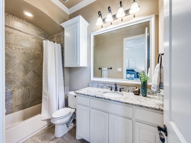 1221 Morris Dr, Keller, TX 76248 - full bath featuring toilet, ornamental molding, vanity, shower / bath combo with shower curtain, and tile patterned floors