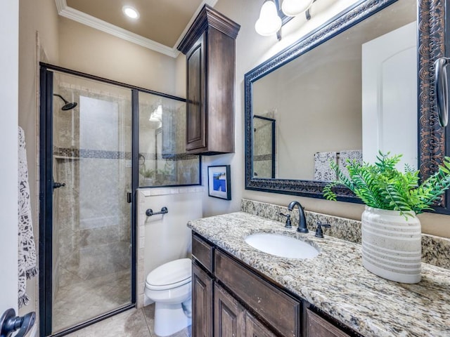 1221 Morris Dr, Keller, TX 76248 - full bath with crown molding, toilet, vanity, a shower stall, and tile patterned floors