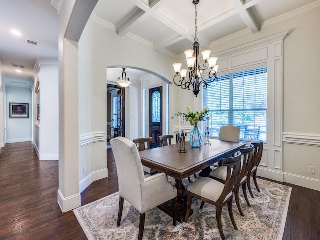 1221 Morris Dr, Keller, TX 76248 - dining space with arched walkways, a chandelier, beamed ceiling, coffered ceiling, and wood finished floors