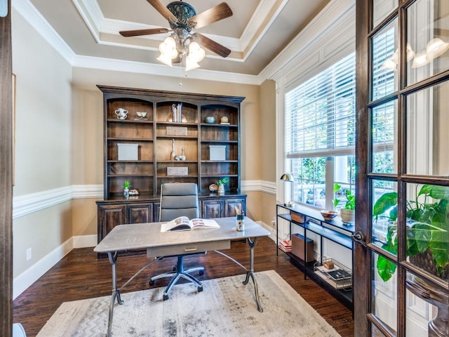 1221 Morris Dr, Keller, TX 76248 - office area featuring dark wood finished floors, a ceiling fan, baseboards, and crown molding