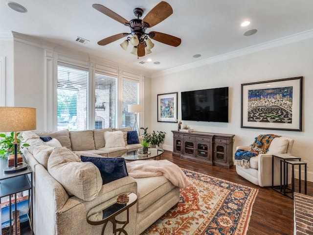 1221 Morris Dr, Keller, TX 76248 - living room featuring crown molding, a ceiling fan, wood finished floors, baseboards, and recessed lighting