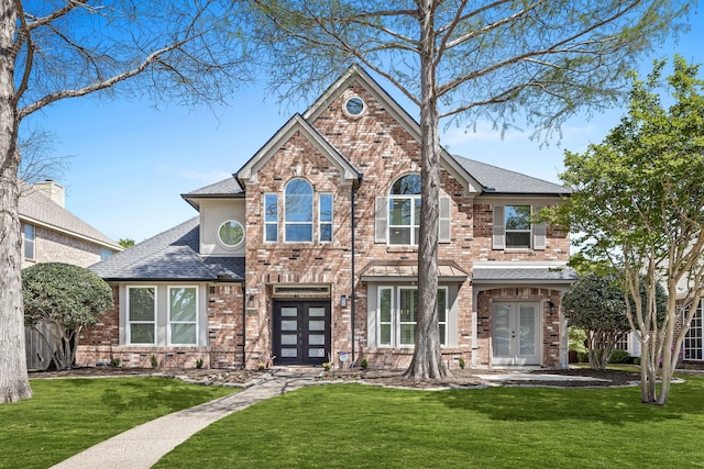 2600 Shadow Hill Ln, Plano, TX 75093 - view of front of home with french doors, a front yard, brick siding, and roof with shingles