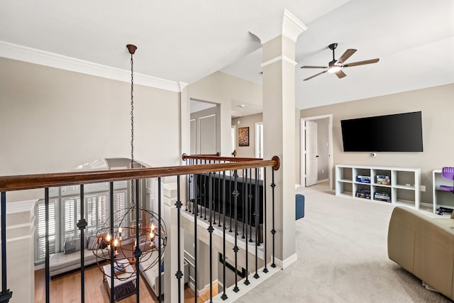 2600 Shadow Hill Ln, Plano, TX 75093 - hall with an upstairs landing, lofted ceiling, baseboards, ornate columns, and carpet floors