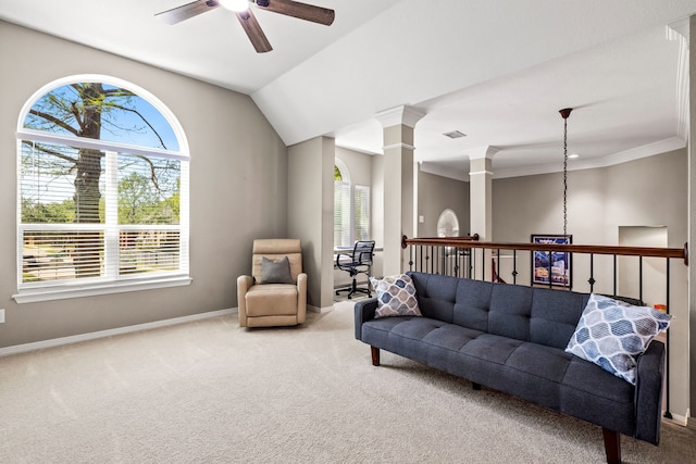 2600 Shadow Hill Ln, Plano, TX 75093 - carpeted living area featuring ornate columns, ceiling fan, baseboards, and ornamental molding
