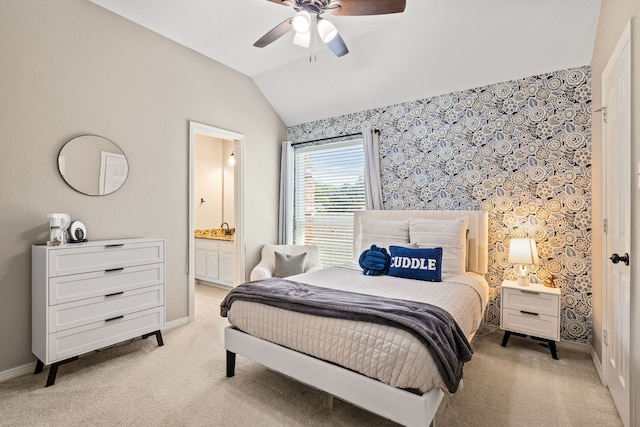 2600 Shadow Hill Ln, Plano, TX 75093 - bedroom with lofted ceiling, light colored carpet, baseboards, wallpapered walls, and ensuite bathroom