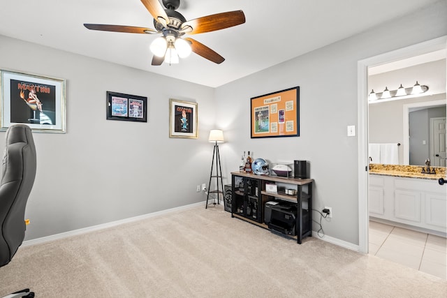 2600 Shadow Hill Ln, Plano, TX 75093 - home office with light colored carpet, ceiling fan, and baseboards