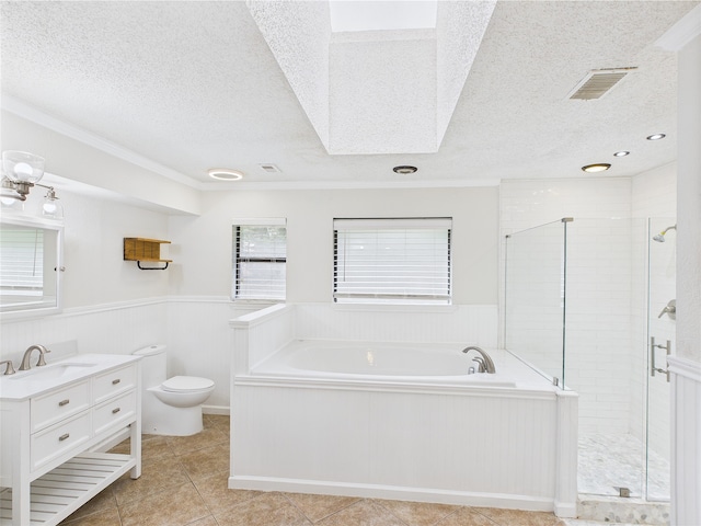 1120 Canyon Ridge Dr, Desoto, TX 75115 - full bathroom with a textured ceiling, vanity, toilet, a garden tub, and a stall shower