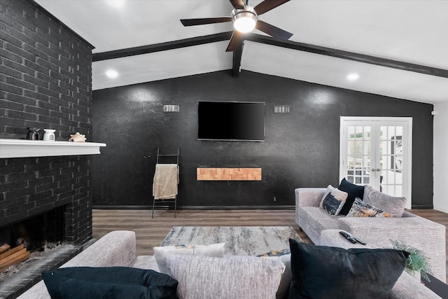 7209 W Cleburne Rd, Fort Worth, TX 76133 - living room featuring a fireplace, wood finished floors, a ceiling fan, french doors, and recessed lighting