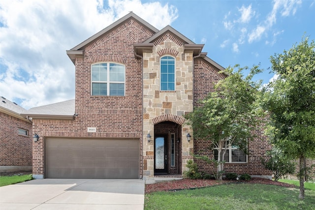 9641 Calaveras Rd, Fort Worth, TX 76177 - french country inspired facade with concrete driveway, stone siding, brick siding, a garage, and a front lawn