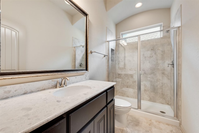 9641 Calaveras Rd, Fort Worth, TX 76177 - bathroom featuring toilet, vanity, a shower stall, and tile patterned floors