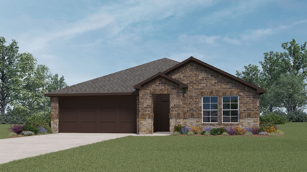 800 Fairbanks Dr, Ennis, TX 75119 - view of front of house with concrete driveway, a garage, a shingled roof, stone siding, and a front yard