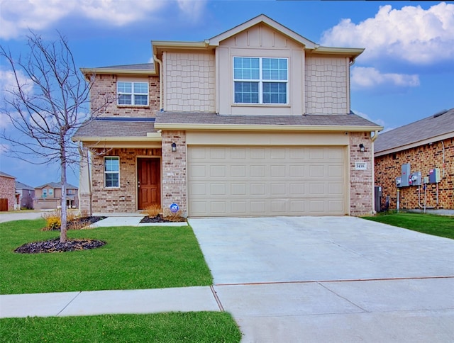 1438 Ganado Dr, Forney, TX 75126 - traditional-style home with brick siding, concrete driveway, a front lawn, and an attached garage