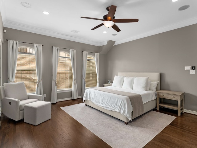 2917 Hallsville St, Dallas, TX 75204 - bedroom with baseboards, ornamental molding, dark wood-type flooring, a ceiling fan, and recessed lighting