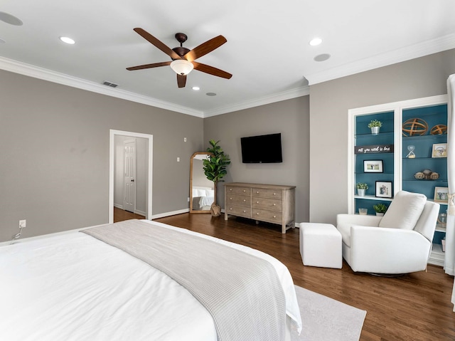 2917 Hallsville St, Dallas, TX 75204 - bedroom with ornamental molding, wood finished floors, recessed lighting, and a ceiling fan