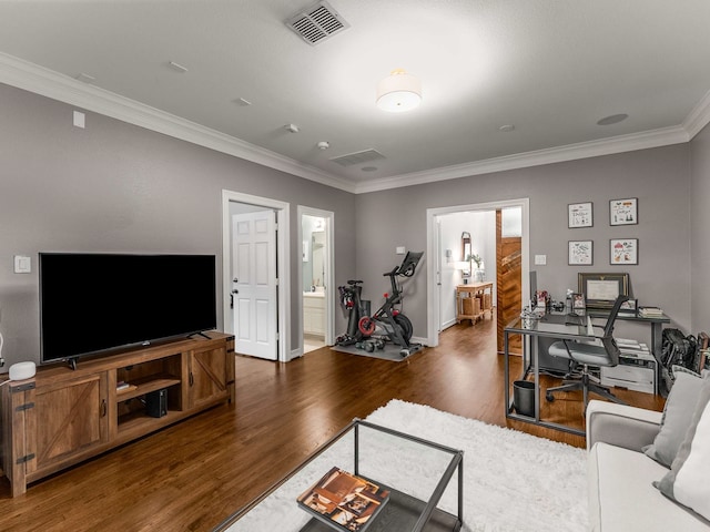 2917 Hallsville St, Dallas, TX 75204 - living room featuring wood finished floors, a desk, ornamental molding, and baseboards
