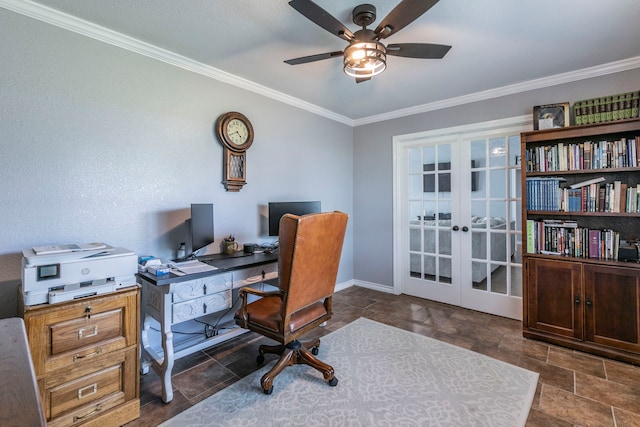 4260 Gun Club Rd, Temple, TX 76501 - office with french doors, ceiling fan, stone finish flooring, crown molding, and baseboards