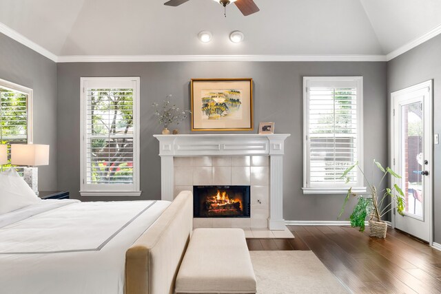 3601 Whitehaven Dr, Plano, TX 75093 - bedroom featuring lofted ceiling, wood finished floors, multiple windows, baseboards, and a tile fireplace