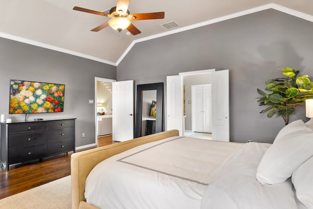 3601 Whitehaven Dr, Plano, TX 75093 - bedroom featuring wood finished floors, high vaulted ceiling, ornamental molding, baseboards, and a ceiling fan