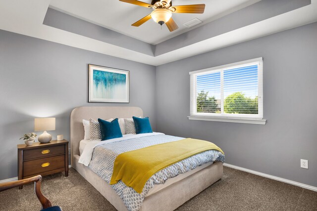 3601 Whitehaven Dr, Plano, TX 75093 - bedroom with carpet, baseboards, ceiling fan, and a tray ceiling