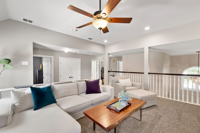 3601 Whitehaven Dr, Plano, TX 75093 - living room featuring attic access, ceiling fan, carpet floors, recessed lighting, and lofted ceiling