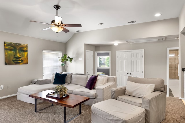 3601 Whitehaven Dr, Plano, TX 75093 - living area with attic access, carpet flooring, ceiling fan, baseboards, and vaulted ceiling