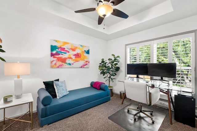 3601 Whitehaven Dr, Plano, TX 75093 - home office with carpet, a raised ceiling, a ceiling fan, and baseboards