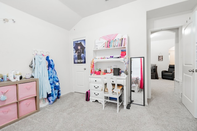 273 Pitt Cir, Fate, TX 75189 - bedroom with carpet floors, lofted ceiling, and arched walkways