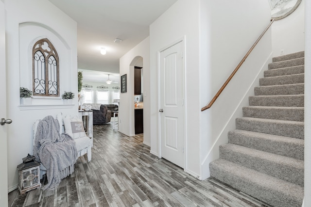 273 Pitt Cir, Fate, TX 75189 - entryway with stairway, wood finished floors, and arched walkways