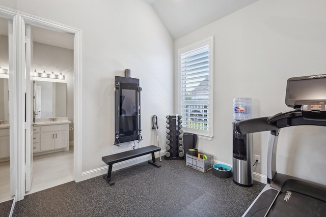830 Country Brook Ln, Prosper, TX 75078 - workout area featuring vaulted ceiling and baseboards