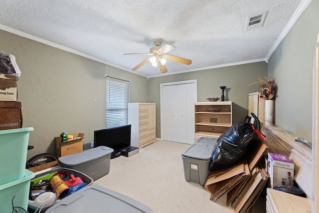 5501 Wood View St, North Richland Hills, TX 76180 - carpeted office space featuring a ceiling fan, crown molding, and a textured ceiling
