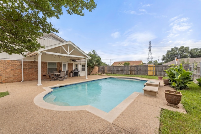 5501 Wood View St, North Richland Hills, TX 76180 - view of pool featuring a patio, a fenced backyard, ceiling fan, and area for grilling