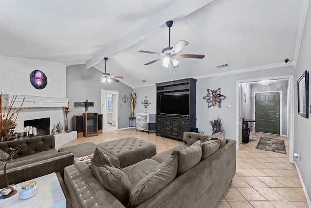 5501 Wood View St, North Richland Hills, TX 76180 - living room featuring light tile patterned floors, a ceiling fan, baseboards, and a brick fireplace
