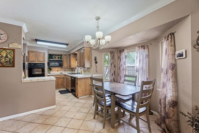 5501 Wood View St, North Richland Hills, TX 76180 - dining space featuring a textured ceiling, a chandelier, light tile patterned floors, crown molding, and baseboards