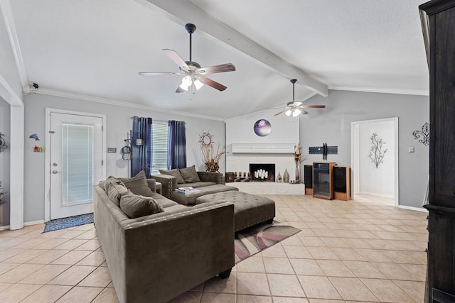 5501 Wood View St, North Richland Hills, TX 76180 - living area featuring ceiling fan, light tile patterned floors, a fireplace, baseboards, and a textured ceiling