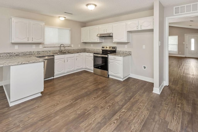 2502 Lake Valley Dr, Garland, TX 75040 - kitchen with appliances with stainless steel finishes, white cabinetry, under cabinet range hood, light stone counters, and a sink