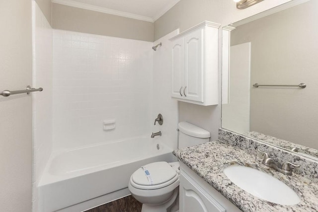 2502 Lake Valley Dr, Garland, TX 75040 - full bathroom with vanity, ornamental molding, toilet, shower / bathtub combination, and wood finished floors