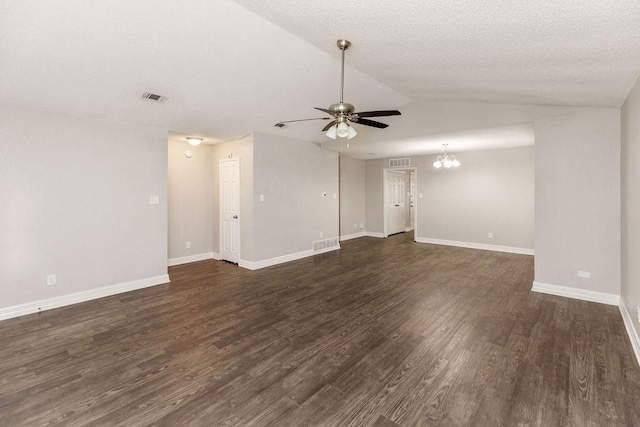 2502 Lake Valley Dr, Garland, TX 75040 - unfurnished living room with a ceiling fan, a chandelier, dark wood-style floors, baseboards, and vaulted ceiling