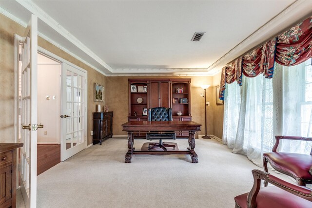 6921 Vineridge Dr, Dallas, TX 75248 - home office with french doors, light carpet, a raised ceiling, crown molding, and baseboards