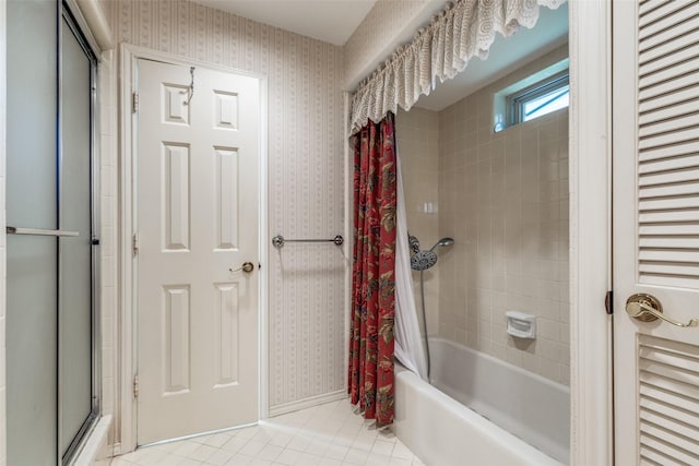 6921 Vineridge Dr, Dallas, TX 75248 - full bathroom with tile patterned floors, wallpapered walls, shower / bath combo with shower curtain, and baseboards