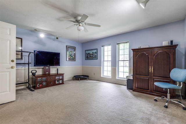 6921 Vineridge Dr, Dallas, TX 75248 - home office featuring a ceiling fan, light carpet, a wainscoted wall, and track lighting
