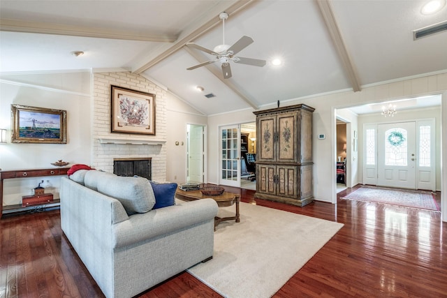 6921 Vineridge Dr, Dallas, TX 75248 - living room featuring dark wood finished floors, a brick fireplace, and a ceiling fan