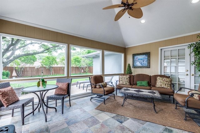 6921 Vineridge Dr, Dallas, TX 75248 - sunroom / solarium with healthy amount of natural light, vaulted ceiling, ceiling fan, and outdoor lounge area