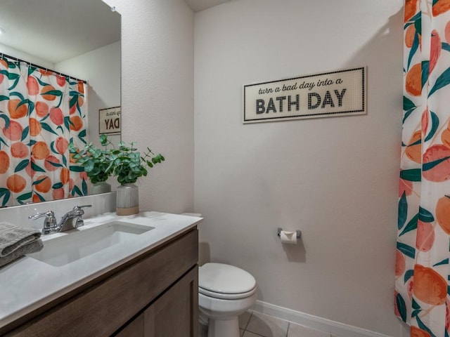 519 Stampede Ln, Princeton, TX 75407 - bathroom featuring vanity, tile patterned floors, toilet, baseboards, and curtained shower